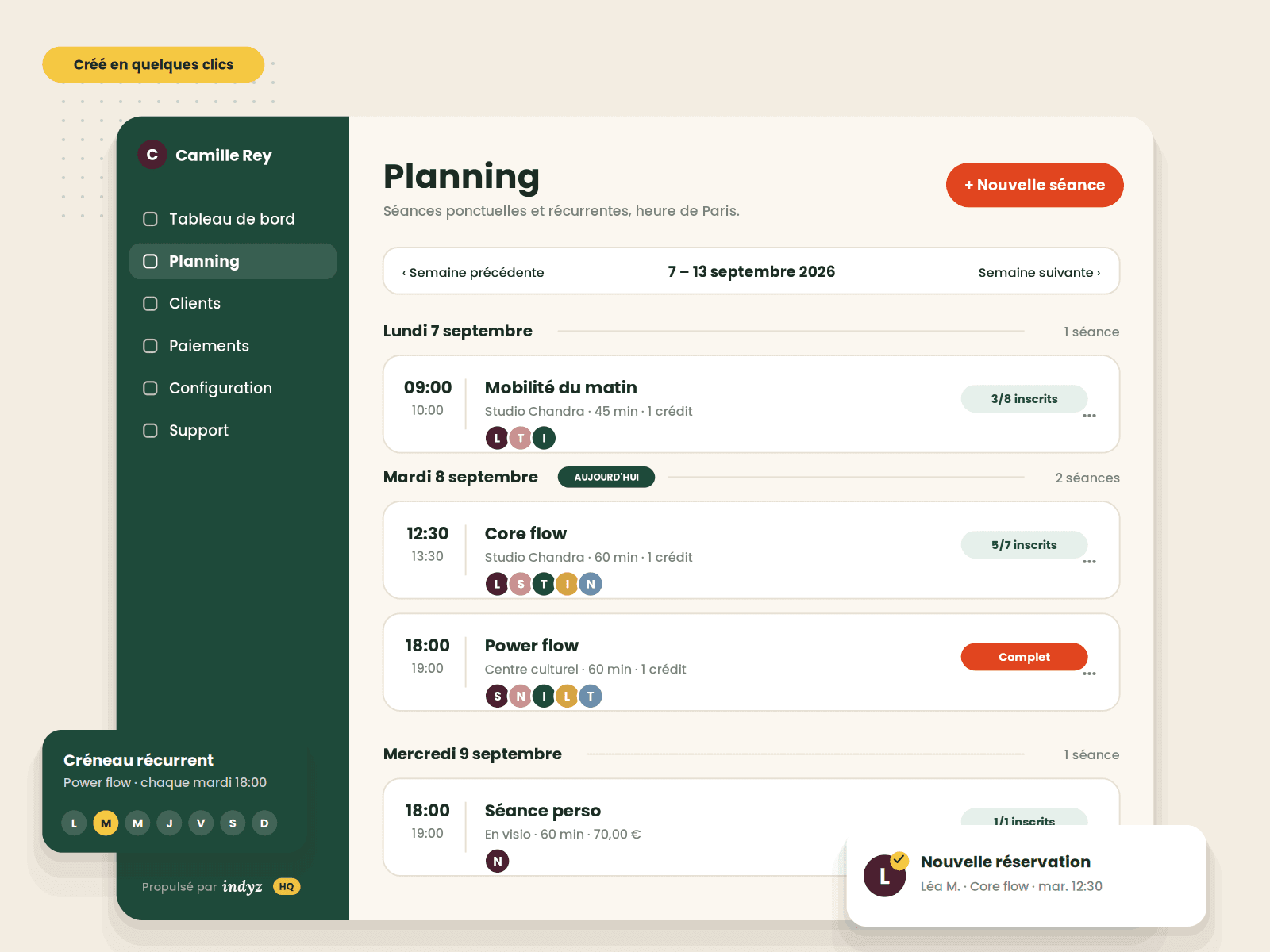 Planning hebdomadaire du backoffice : séances par jour avec horaires, lieu, nombre d'inscrits, créneau récurrent et notification Nouvelle réservation